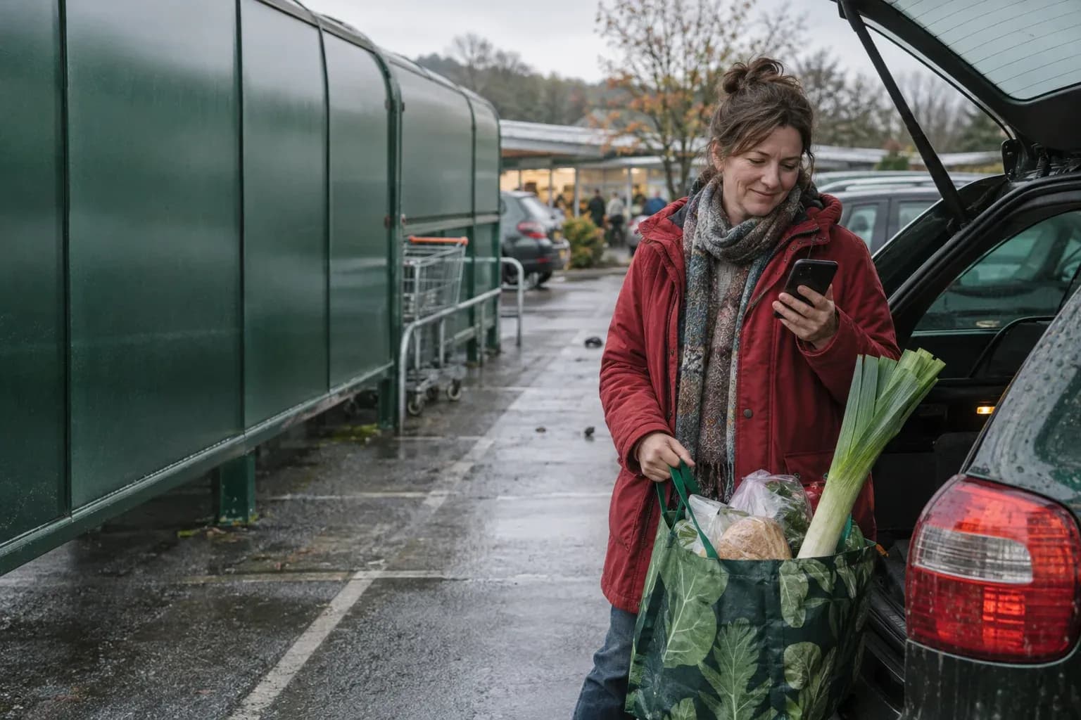 Illustrative woman checking her phone beside a car, holding a shopping bag with a leek protruding